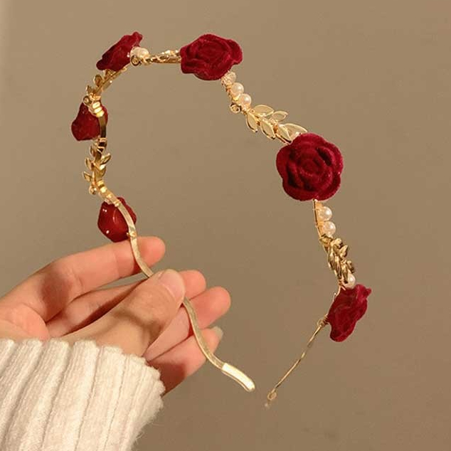 Francês Retro rosa flor vermelha pérola bandana 