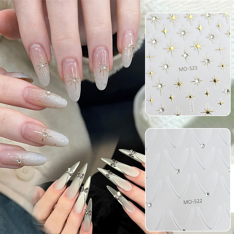 3D Strass Ouro Prata Estrela Lua Bronzeamento Adesivos De Unhas Linha Simples Design Luz Decalques L