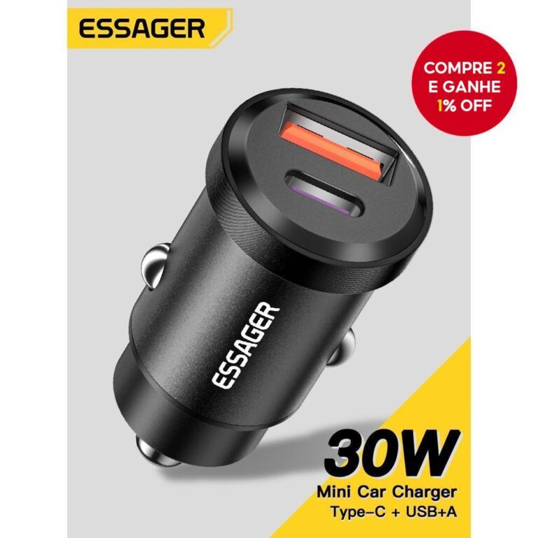 Carregador De Carro USB Essager 30W Carga Rápida 