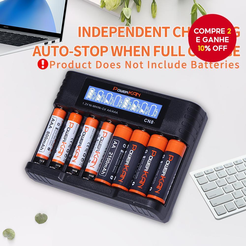 Carregador PowerKAN AA/AAA , LCD , Carregamento Autônomo De 8 Slots , Entrada USB-C , Para Baterias