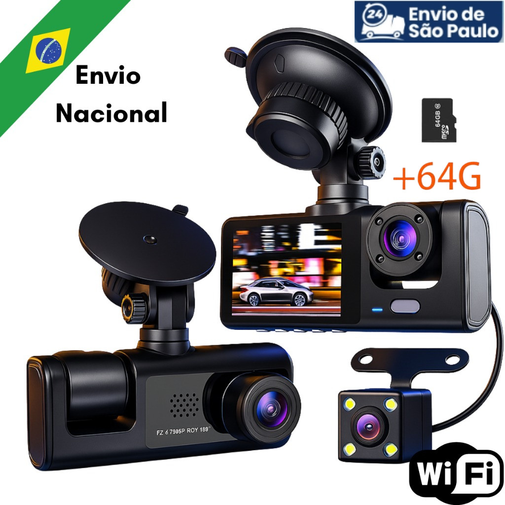 Entrega 24 horas em São PauloCâmera de carro com gravação frontal e traseira, 3 câmeras 1080P HD, vi