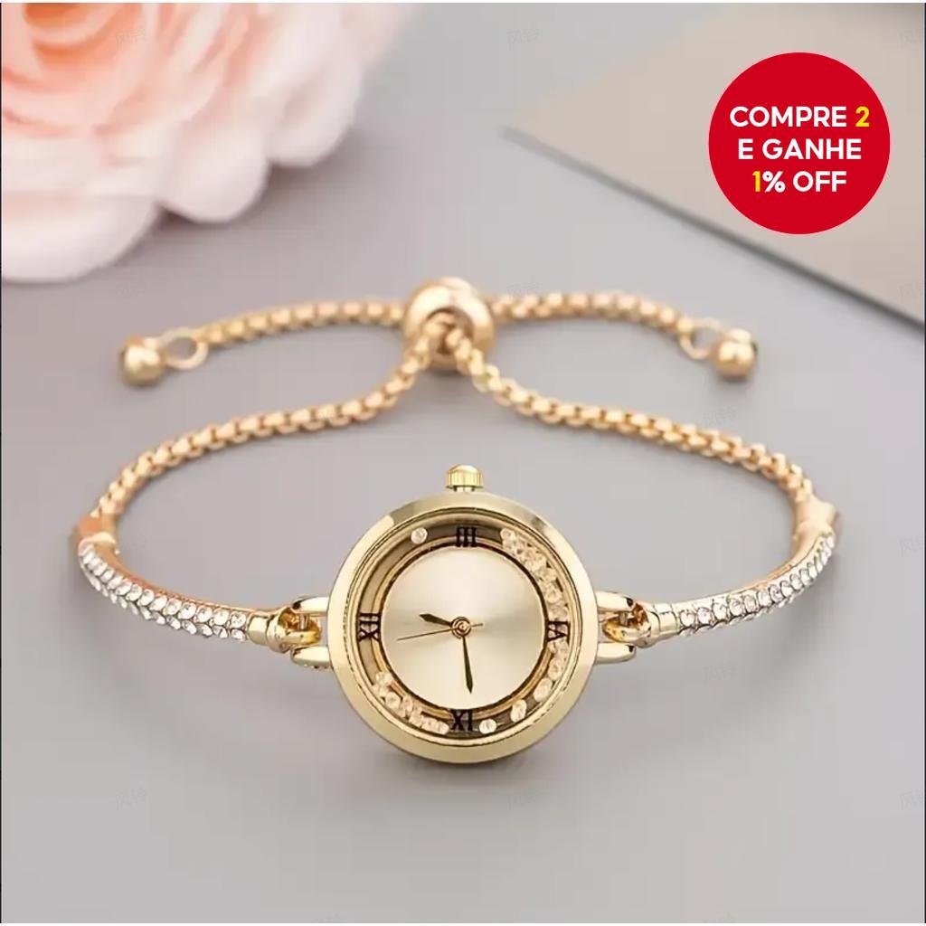 Relógio de Pulso Feminino Chic – Acessórios em Diamante Redondo e Números Romanos com Comprimento Aj