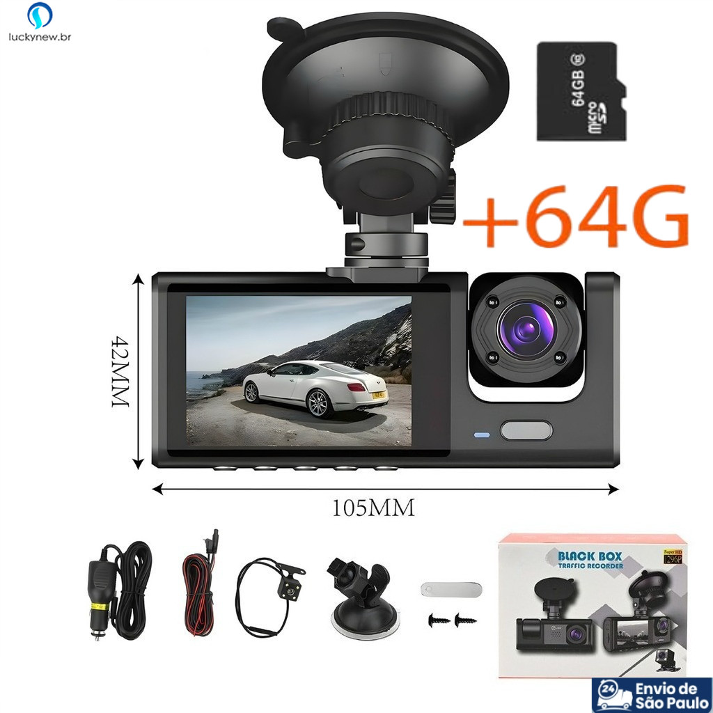 Nova câmera de painel de carro HD 1080P, câmera de 3 lentes, gravador DVR, câmera de direção yihan