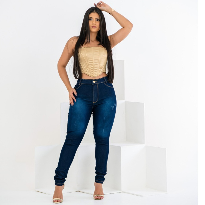 Calça Feminina Jeans Cós Alto Ate o Umbigo Com E