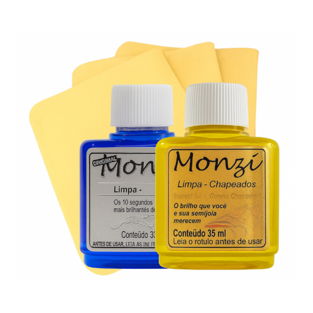 Monzi Limpa Prata 35 Ml + Monzi Limpa Chapeados 35ml + 3 Flanelas Mágicas polimento