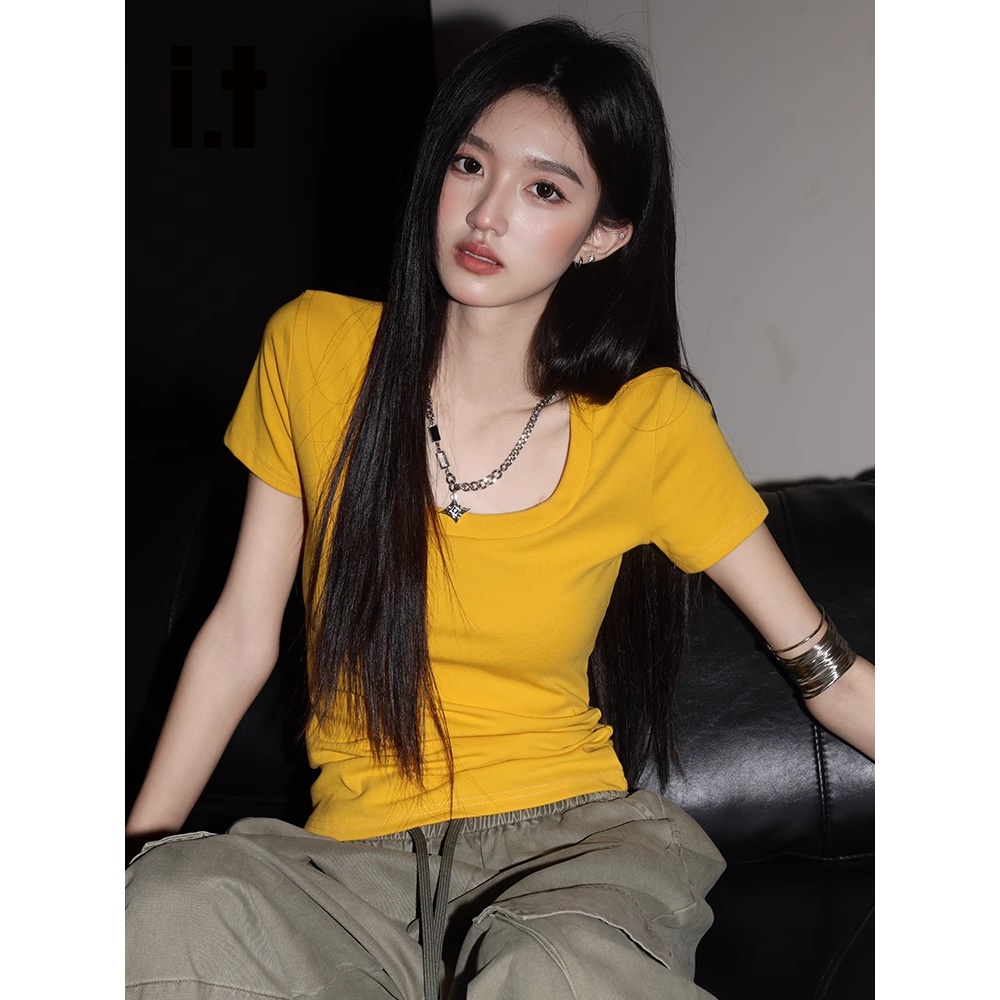 Camiseta De Manga Curta Com Gola Redonda Amarela Dopamina Para Mulheres Verão Novo Top Emagrecedor