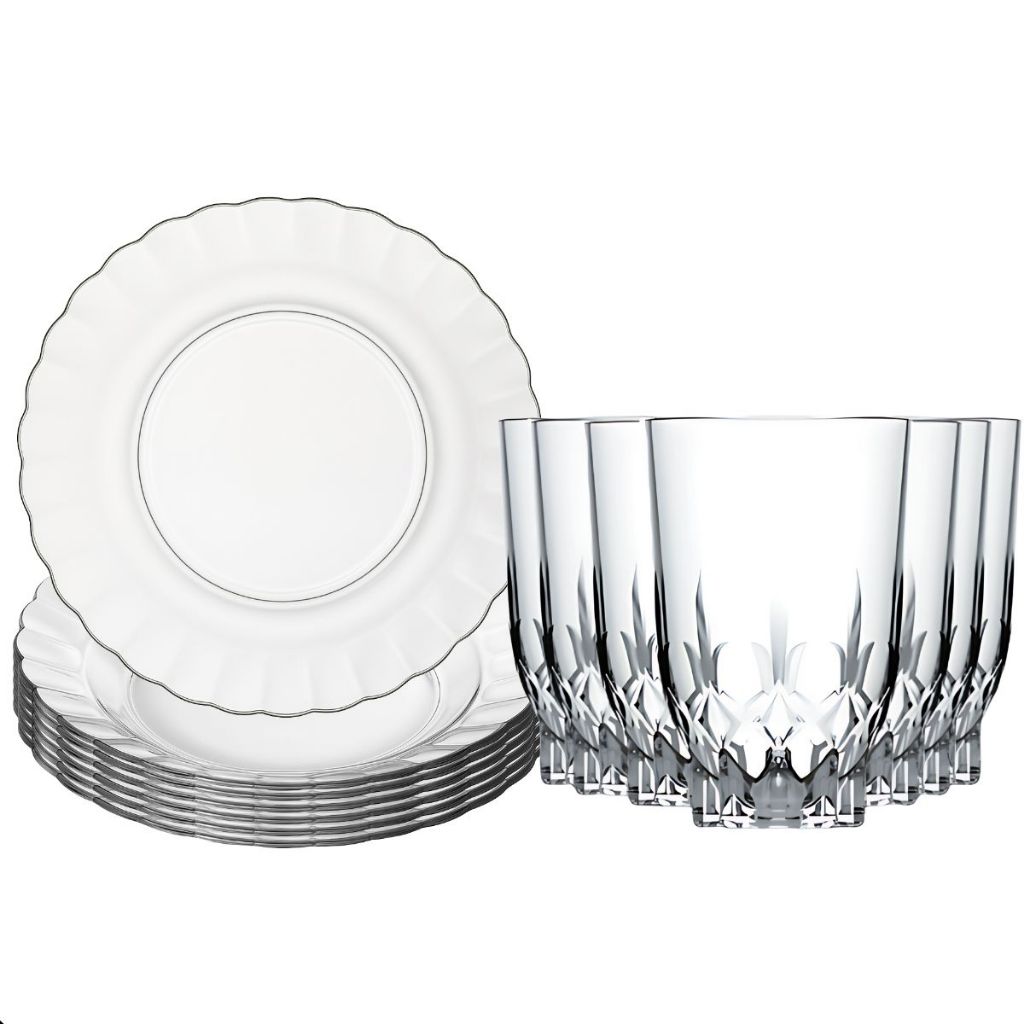 Aparelho de Jantar 12 Peças com Copos em Vidro 6 Pratos, 6 Copos à Sua Escolha Design Moderno