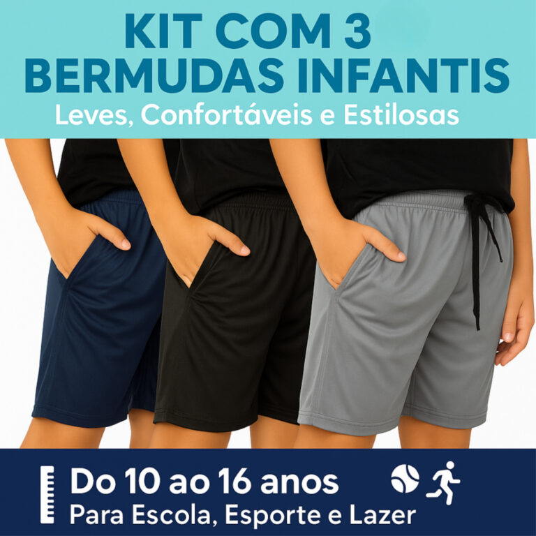 Kit 3 Bermudas Infantil Masculina 10 a 16 | Escola