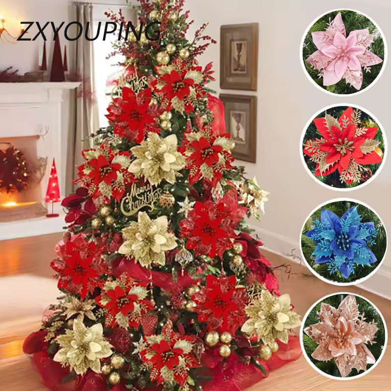 14cm Decorações Da Árvore De Natal Grande Glitter Flores Artificiais Flor Casa Festa De Ano Novo E D