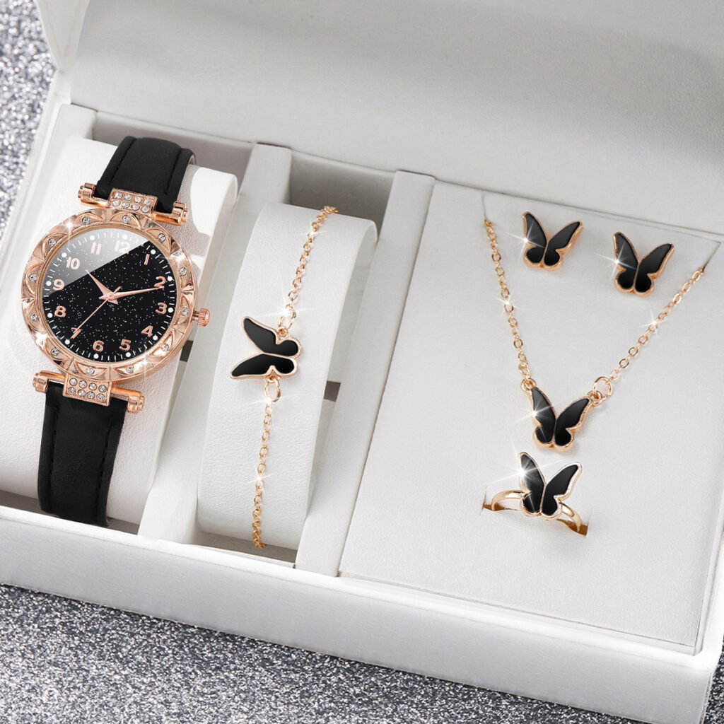 Relógio De Quartzo Com Pulseira De Couro Feminino Elegante Mostrador De Diamante E Conjunto De Joias