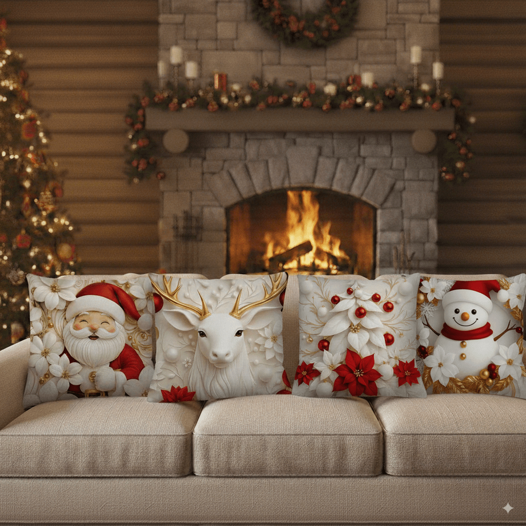 Kit 4 Capas de Almofada Natal 40x40cm Sublimada com Zíper Decoração Sofá, Cama e Sala Micropercal