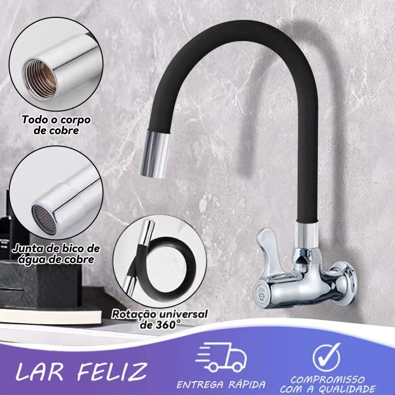 Torneira de Cozinha Preta Parede Gourmet Flexível Silicone  1/4 de Volta 360° Saída de espuma