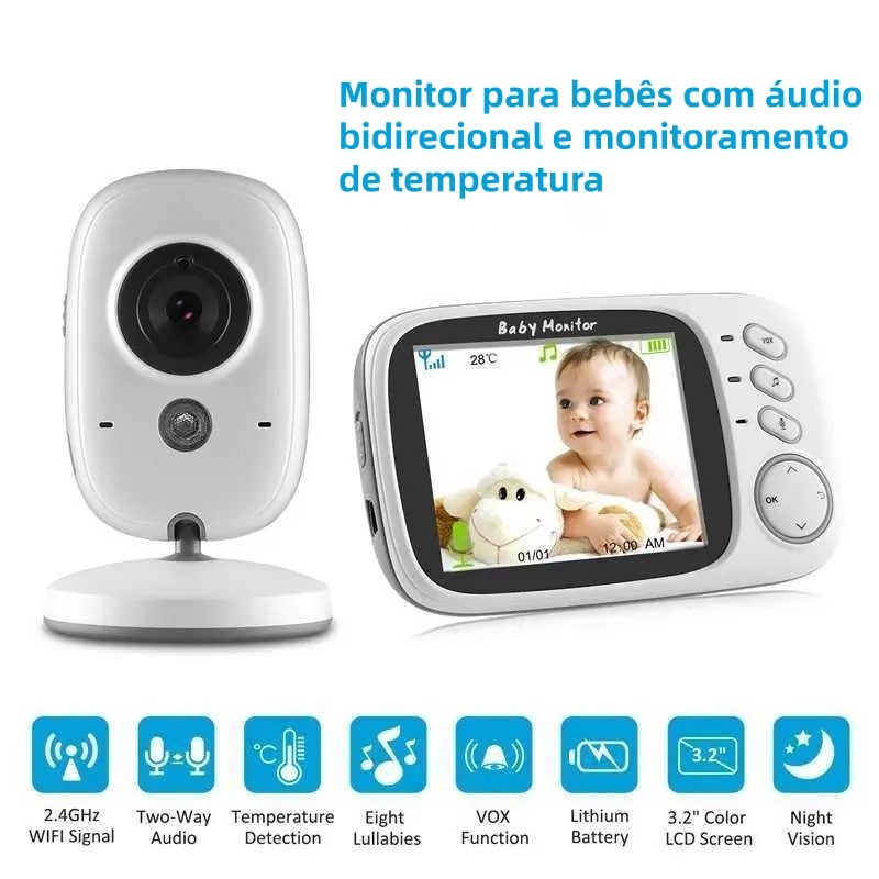 Baba Eletrônica Com Monitor Visão Noturna, Câmera c/ Audio Sensor de Temperatura