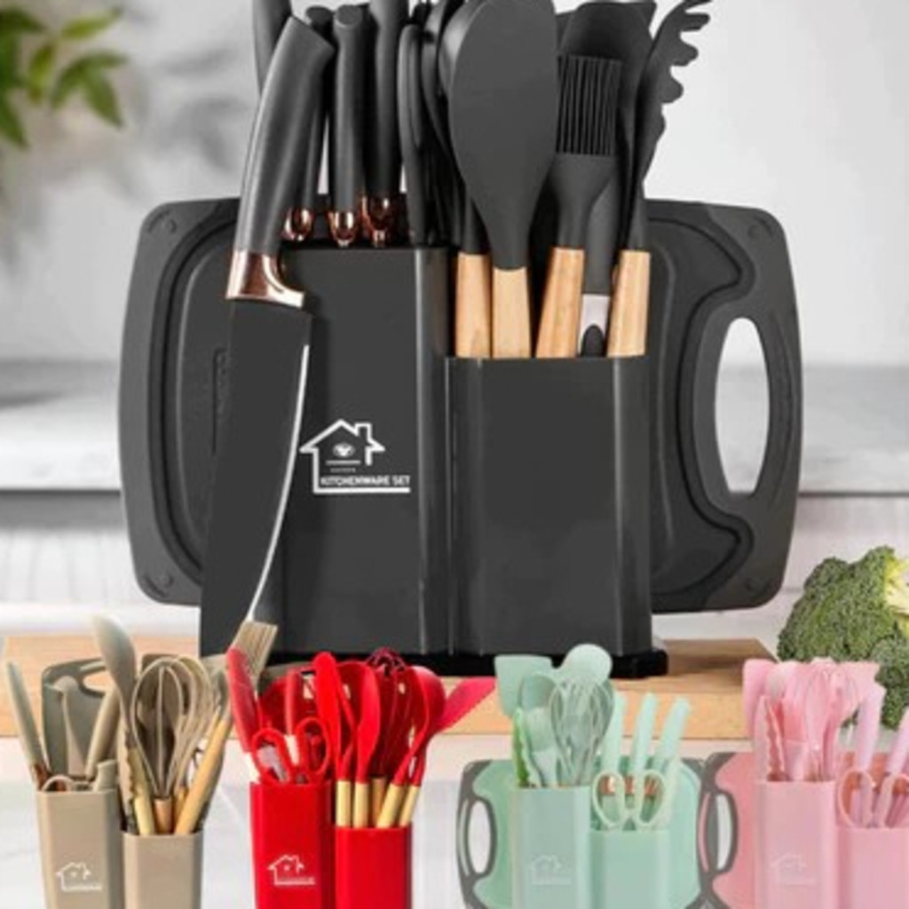 Kit Utensílios de Silicone c/ Cabo de Madeira  12 ou 19 Peças, Resistente ao Calor