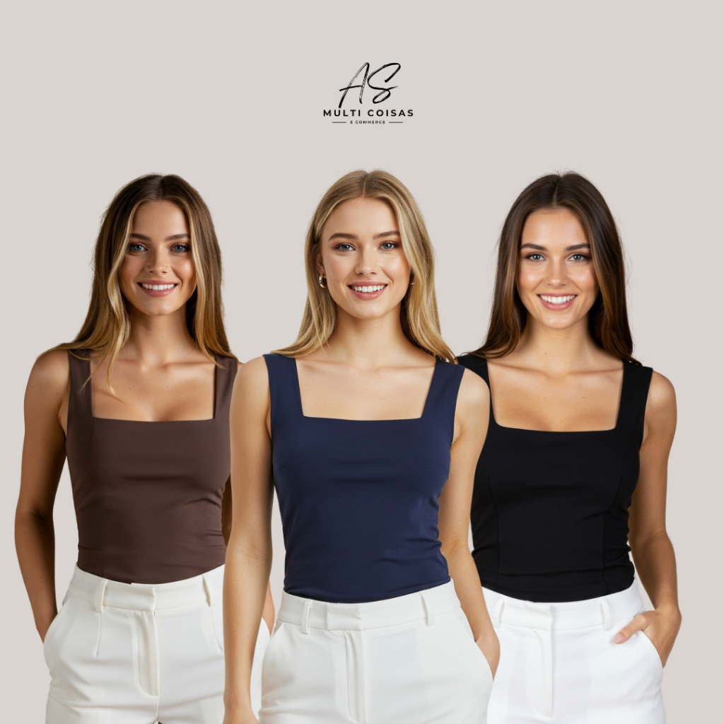 KIT COM 3 REGATAS ALÇA LARGA COM FORRO DUPLO OTIMA PARA O DIA A DIA E  FACULDADE TRABALHO TECIDO SUP