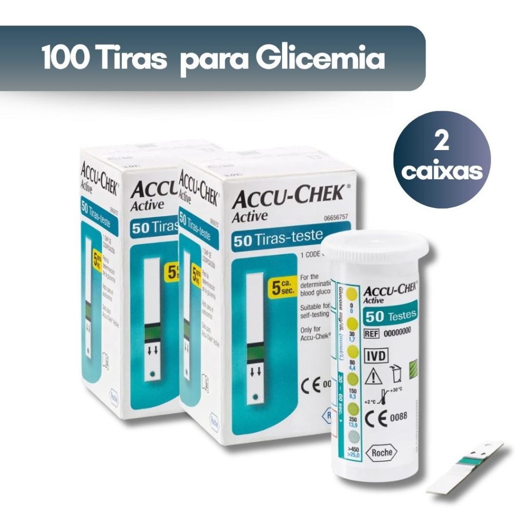 100 Tiras ACCU CHECK ACITVE Para Medir Glicemia – Sem Codificação, Vida Útil Mais Longa