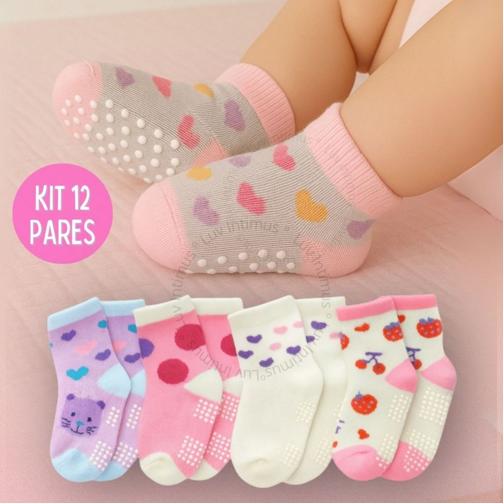 Kit 12,9 ou 6 Pares de Meias Bebê Menina Antiderrapantes Algodão Confortáveis024Meses