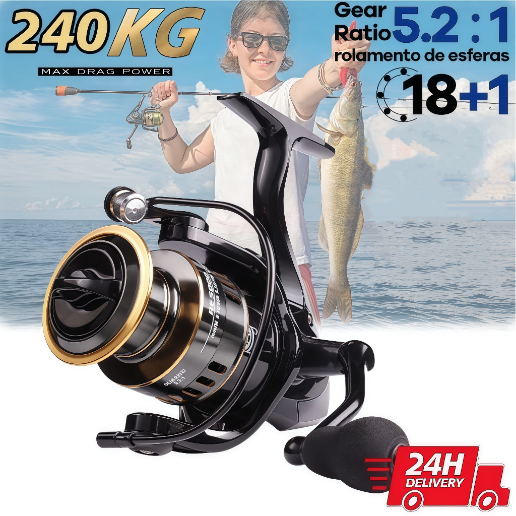 Molinete De Pesca De Metal EVA HD1000-7000 Max Arraste 10kg + linha de pesca Cana Em Água Salgada