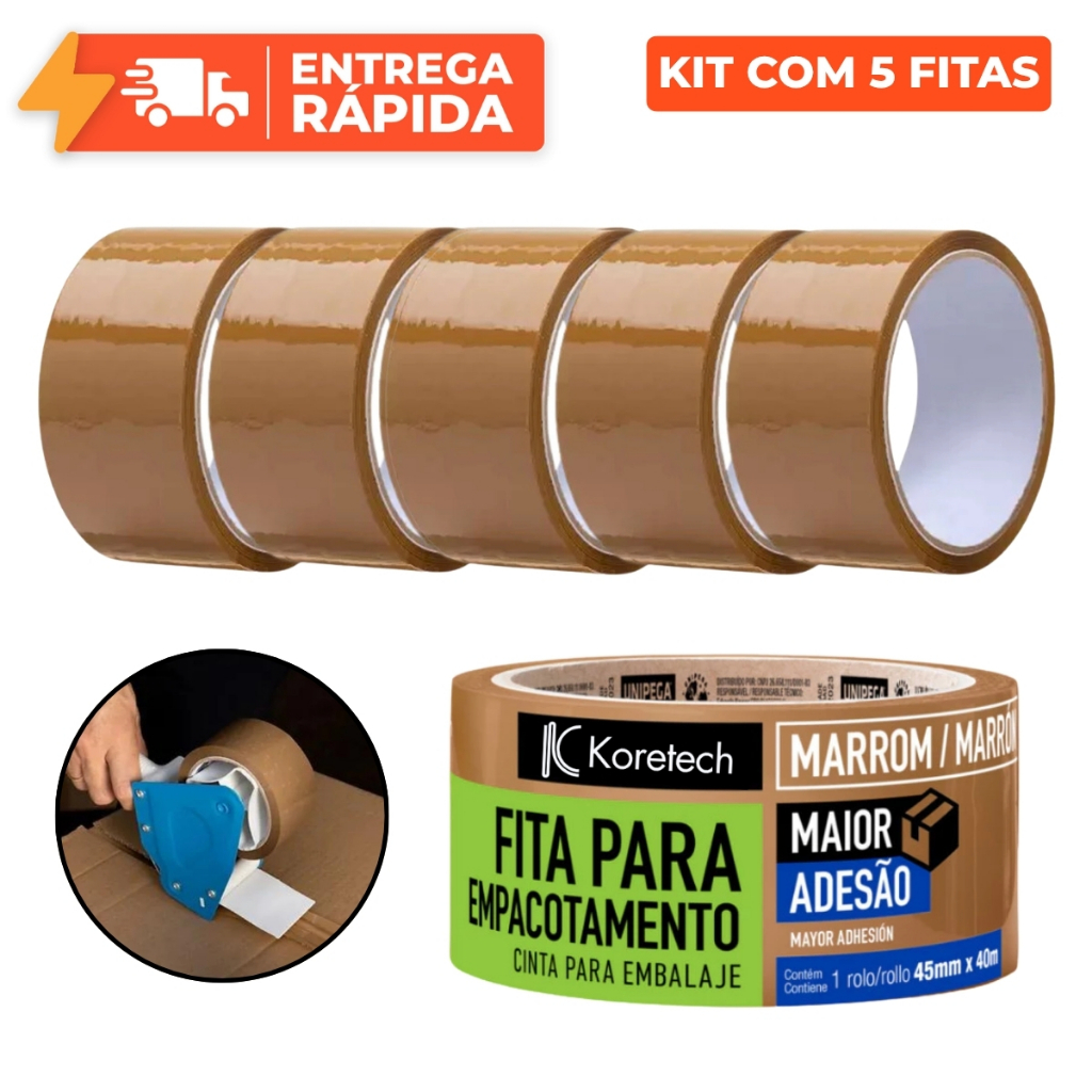 Fitas Empacotamento Adesiva Marrom Caixa Embalagem E-Commerce Papelão (48mm x 45m) Koretech