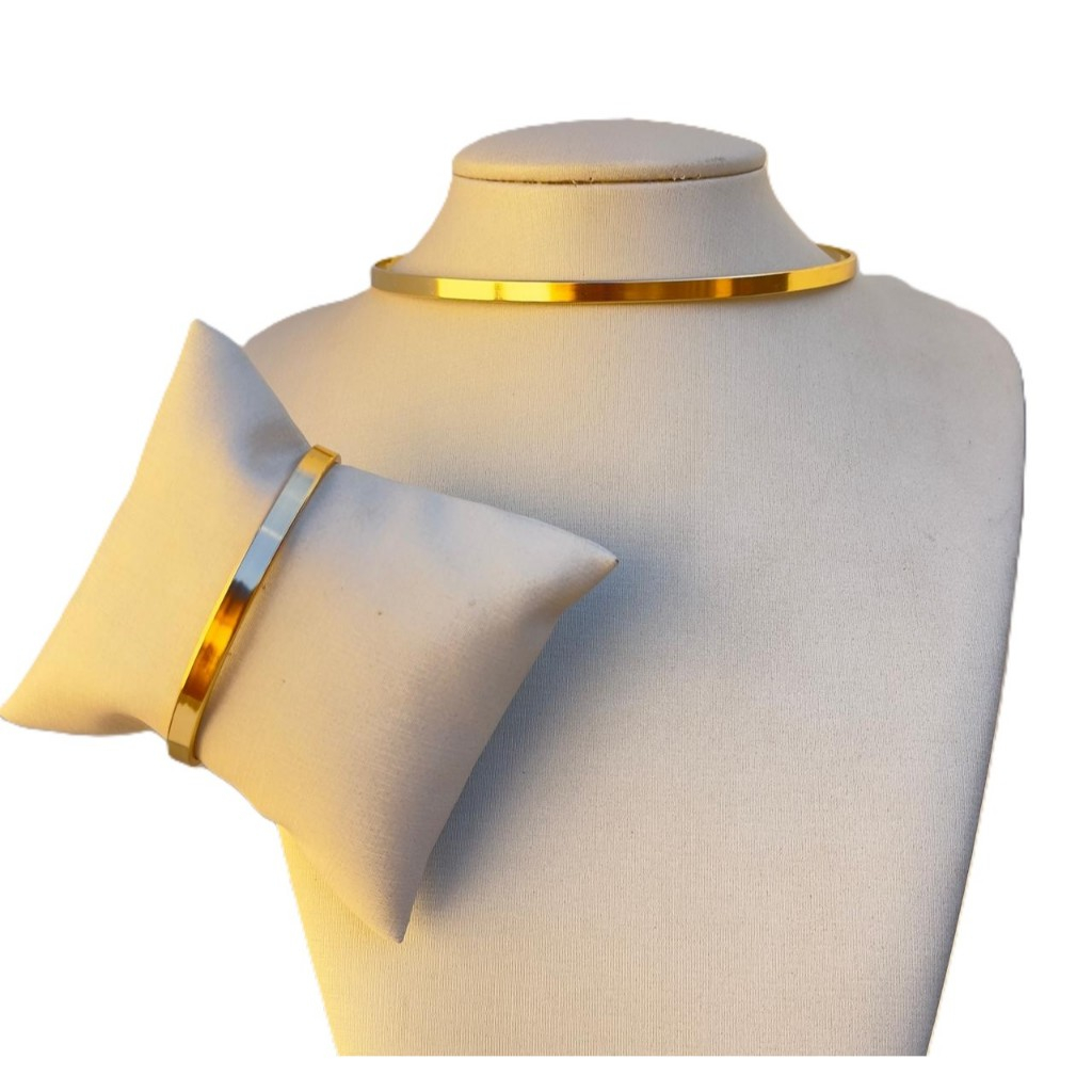 Choker e Pulseira Ajustável Reto Brilhante Conjunto Feminino – Folheado – Dourado e Prata