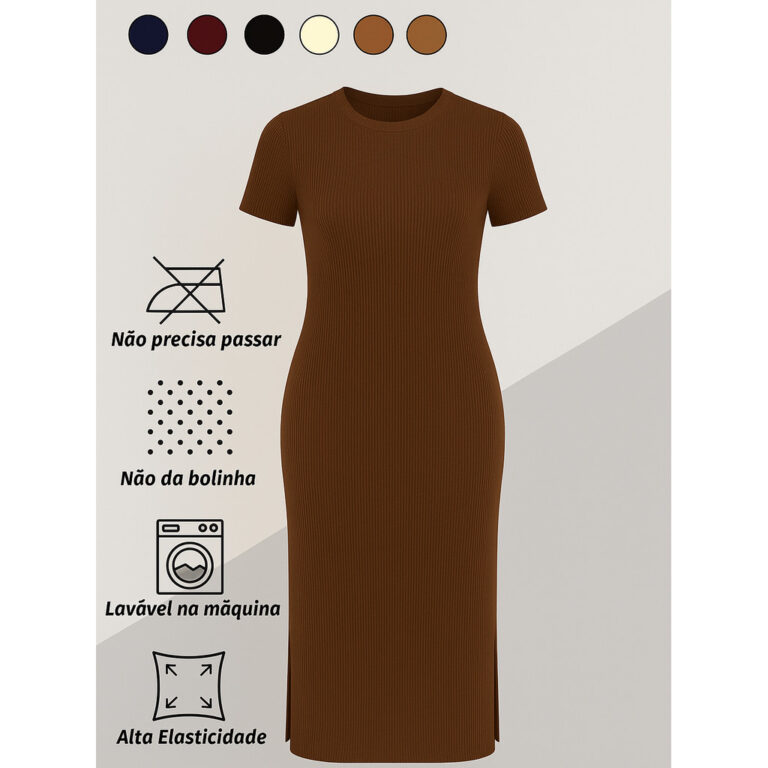 Vestidos Feminino Midi Canelado de Manga Curta Com