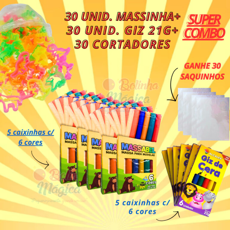 Kit 30 Unidades Massinha Modelar + 30 Unidades Giz