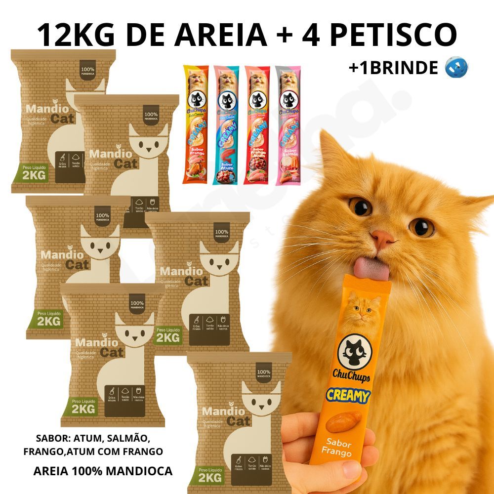 Areia de Gato MandioCat Biodegradável 100% Mandioca  Grãos Finos Com Petisco e Brinquedo MAIS BARATA