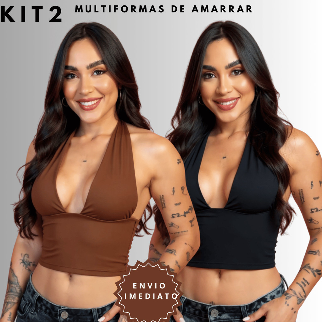 Kit 2 Blusas Cropped Com Amarraçao Multiformas Decote Forado Festa Moda Gringa Decotado Suplex Sexy