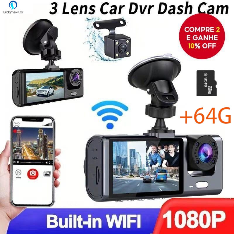 Câmera de Carro Wi-Fi Dashcam com 3 Lentes HD 1080P, Monitor de Estacionamento 24h, Gravador de Víde