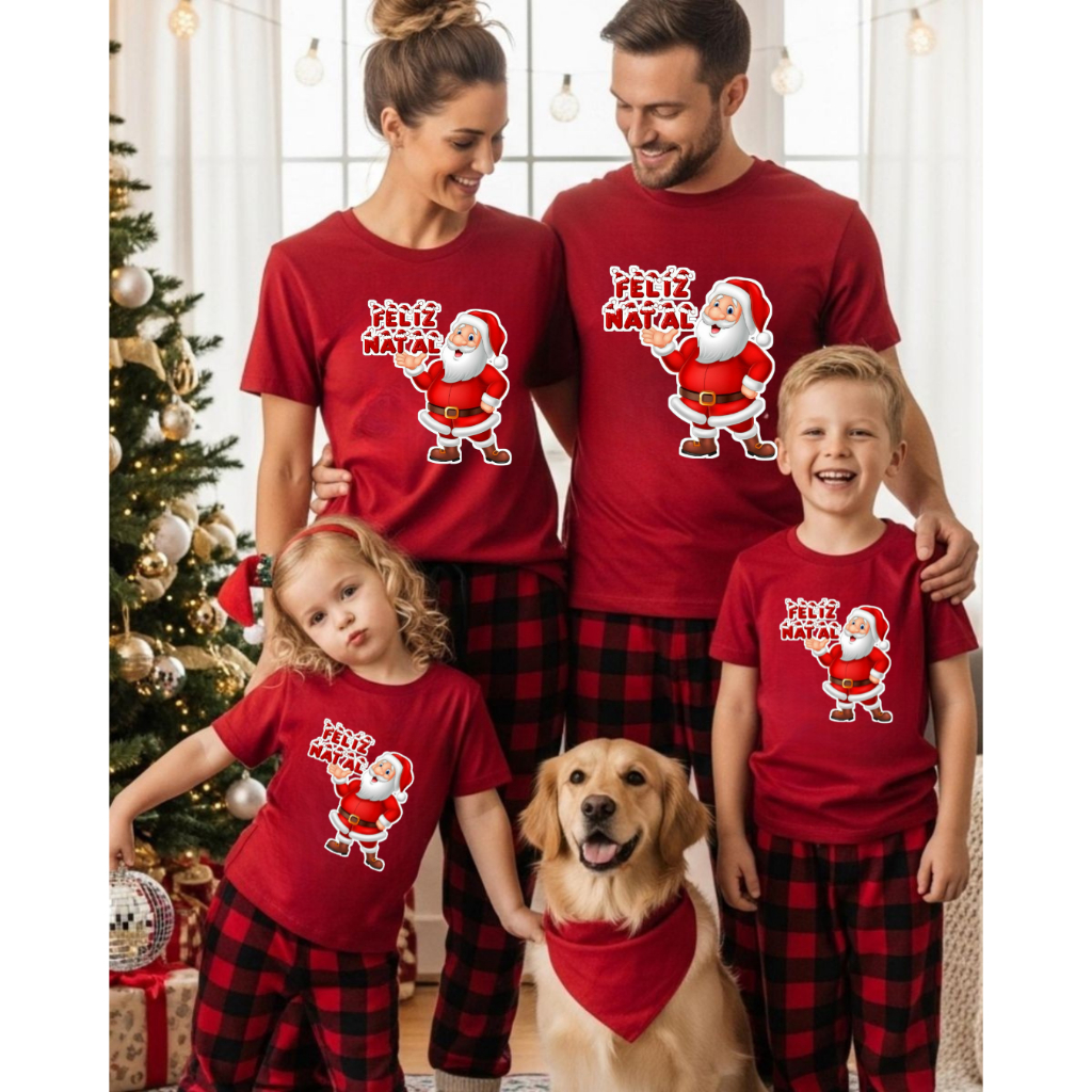 Camisetas de Natal para Família Malha Premium Conforto Alta Qualidade Feliz Natal Papai Noel Festa