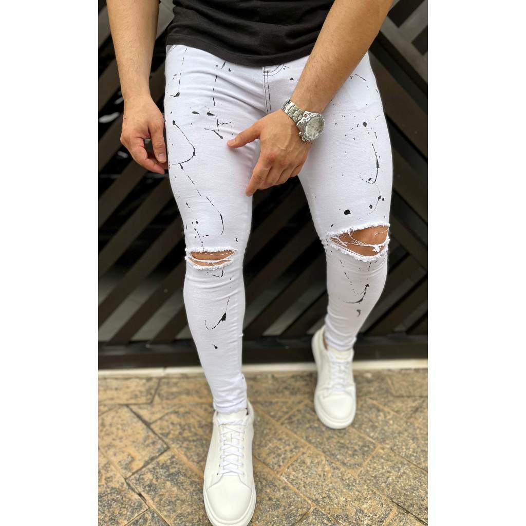Calças Jeans Branca fim de ano Masculina Modelo Super Skinny Branca