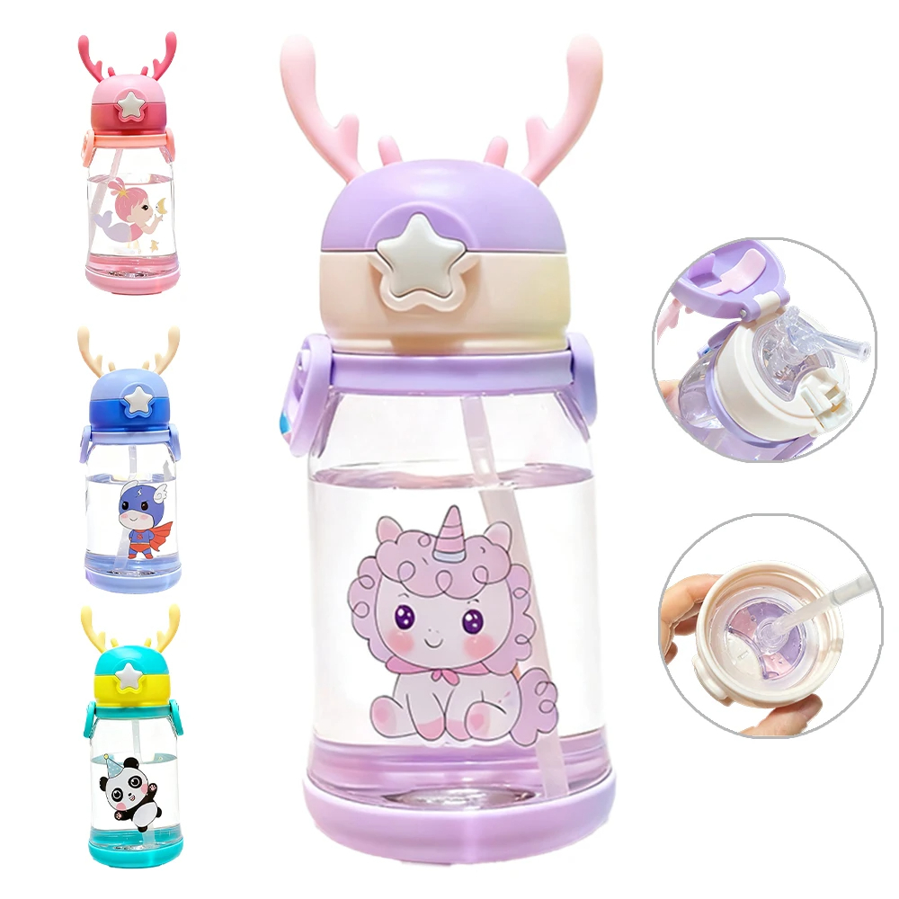 Garrafa Infantil Portátil 600ml Com Canudo Desenho Fantasia Garrafa copo De Alce Água