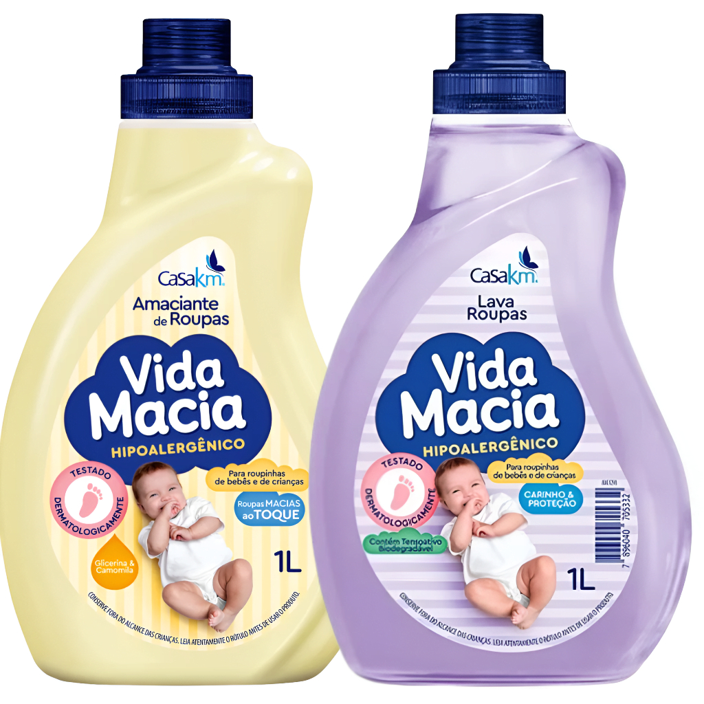 Kit Amaciante de Roupa e Sabão Líquido Lava Roupas Vida Macia Baby 1L Cada