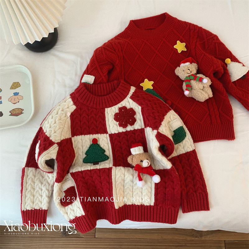 2025 Suéter de Natal Meninos Meninas Suéter de Natal Vermelho Gola Redonda Urso Top