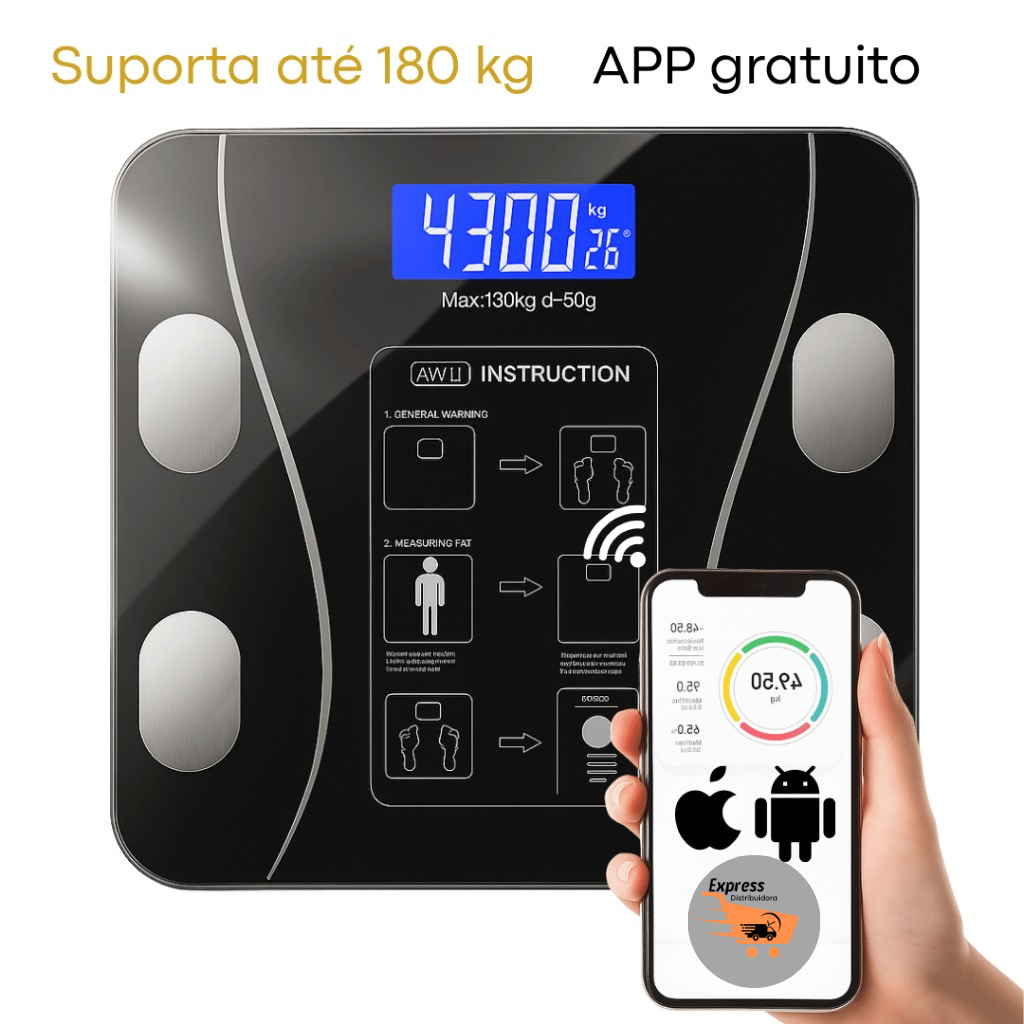 Balança Bioimpedância Medidora Corporal Bluetooth Até 180 Kg + Balança De Cozinha Precisão Digital 1