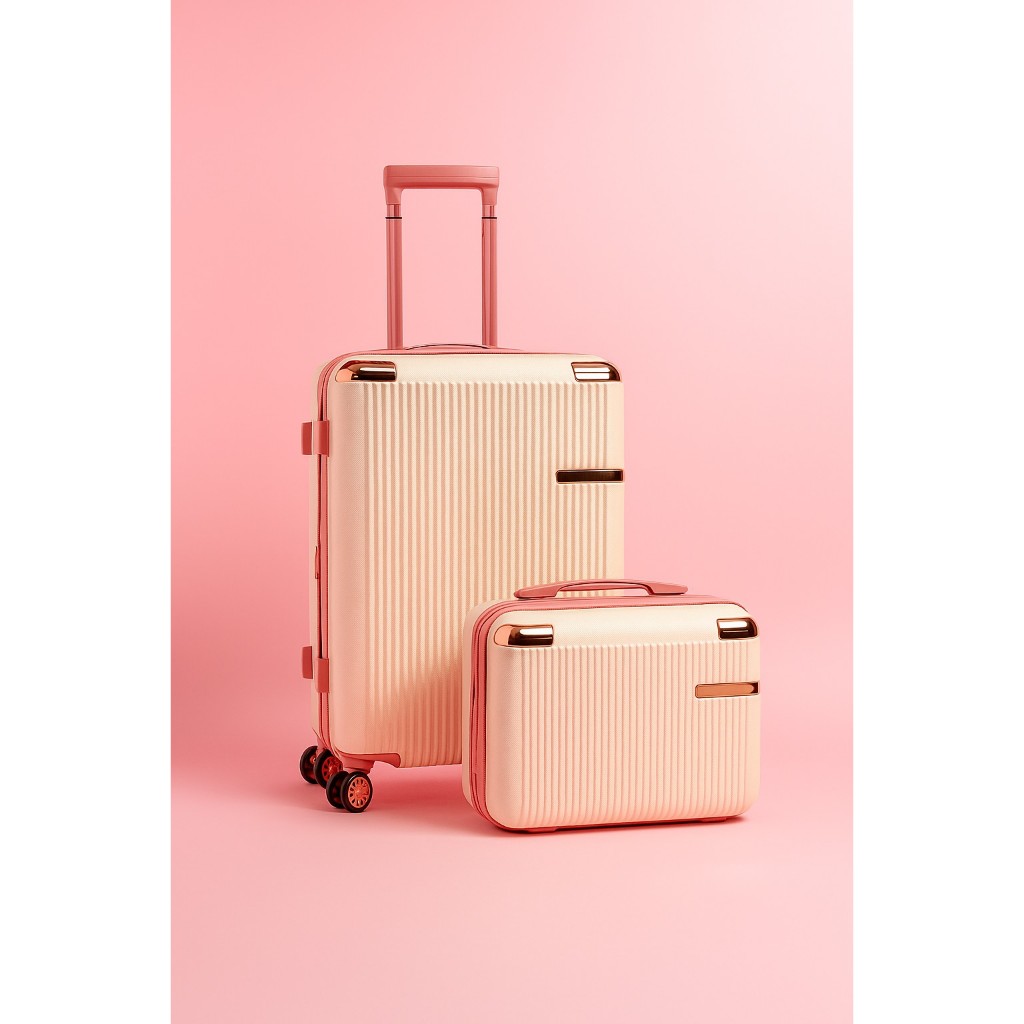 Kit Mala de Viagem + Frasqueira Bege Rosé ABS Rígida Bordo 10kg e Média  Expansível Zíper Antifurto