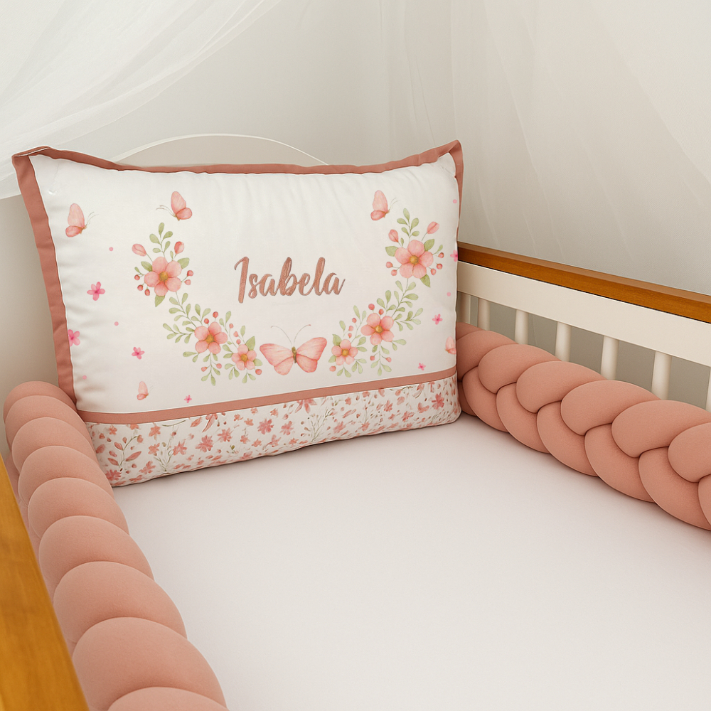 Kit Berço Americano Personalizado Menina Cabeceira c/ Nome Bordado + Trança 100% Algodão