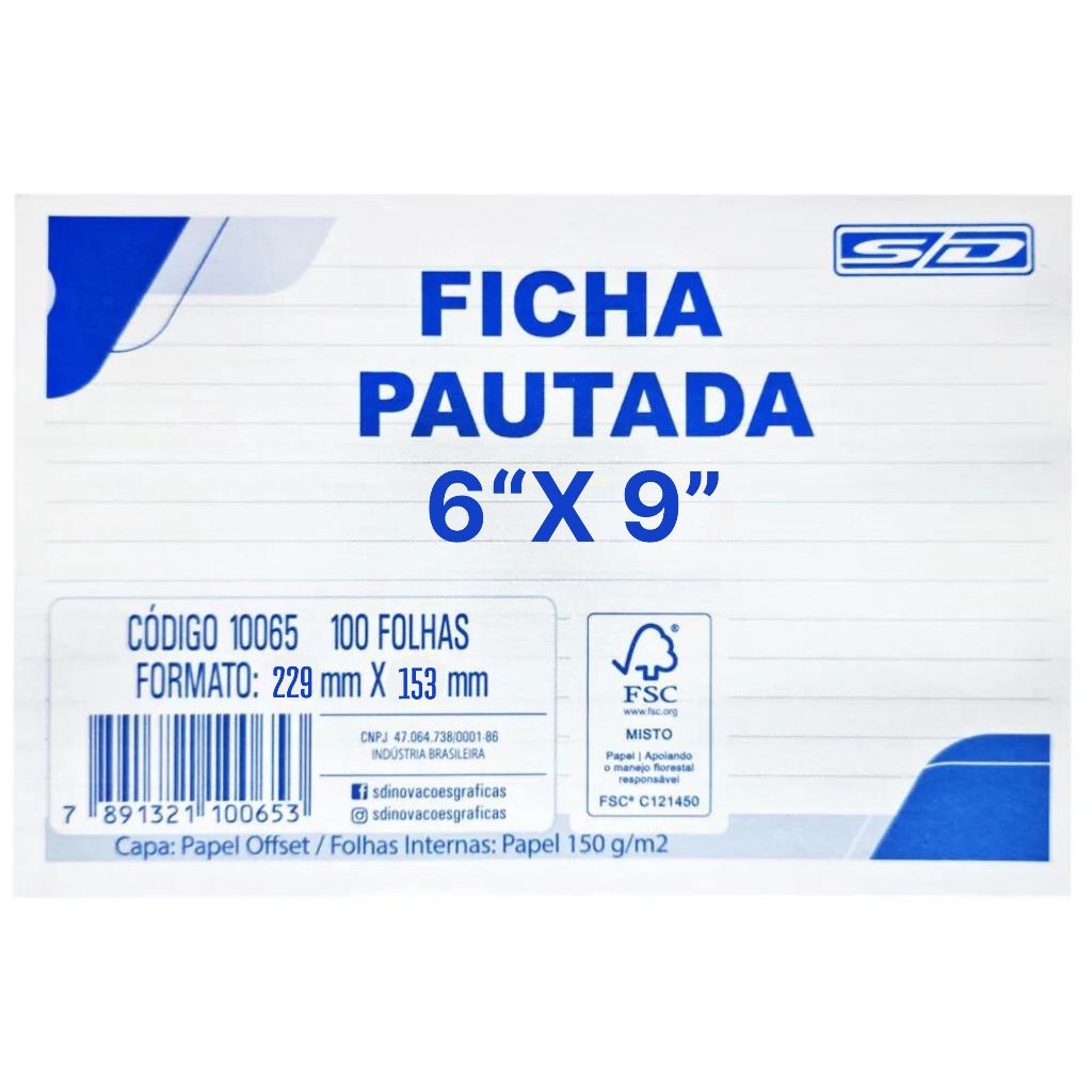 Ficha Pautada 6×9 (229 x 153 mm) com 100 Fichas – Animativa