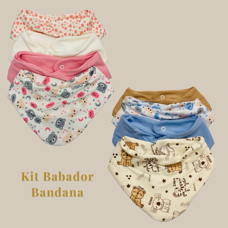 Kit com 5 Babador Bandana Bebê – Misto e Estampado Tecido Duplo Fecho de Pressão 100% Algodão