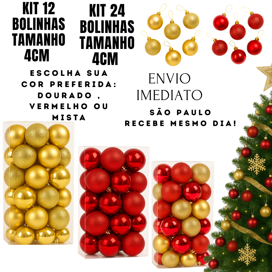 KIT 12  BOLINHAS KIT 24 BOLINHAS DE NATAL BOLAS DE ENFEITE 4CM E BRILHOSA COR DOURADA VERMELHO OU ME