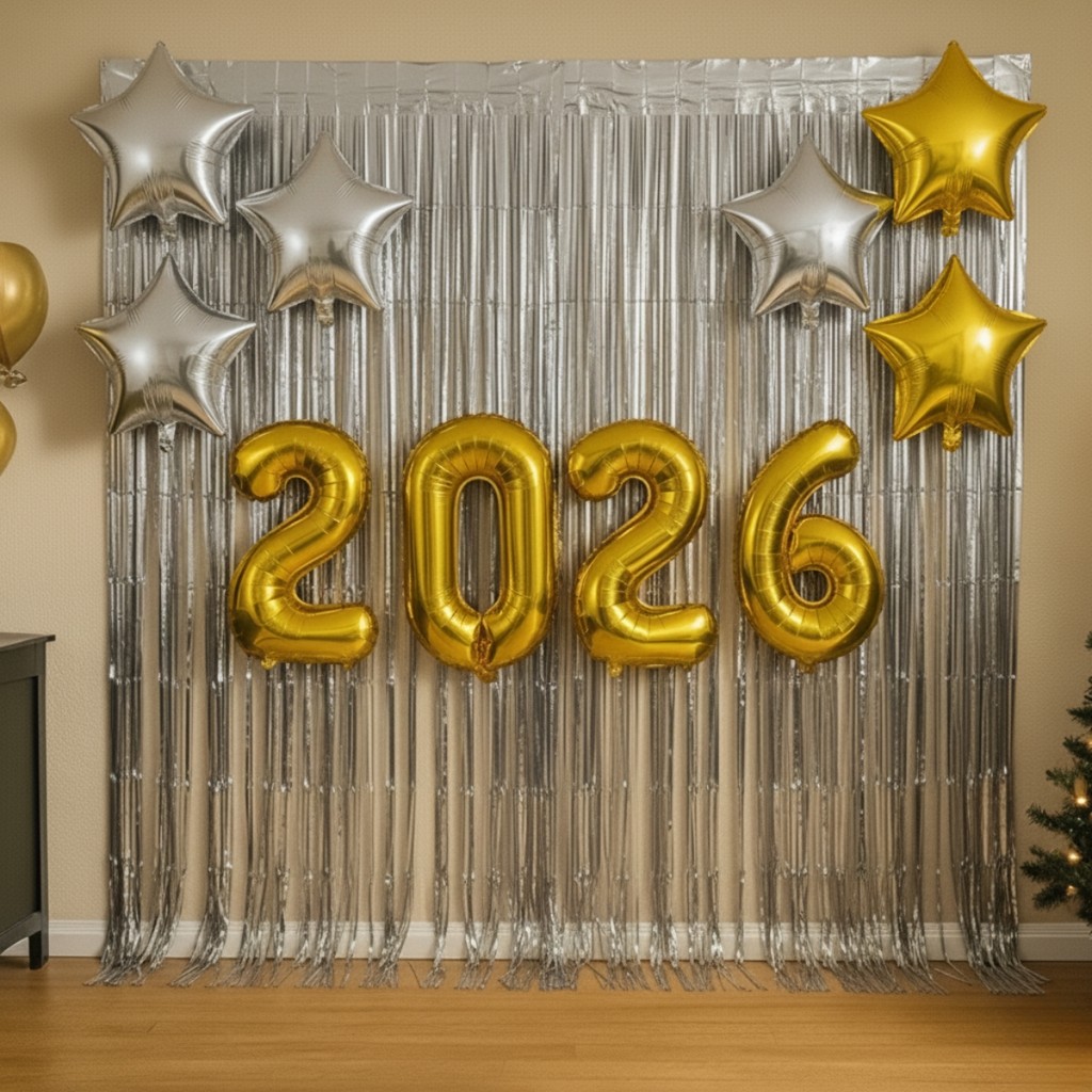 Kit Decoração 2026 Ano Novo 2 Cortinas Metalizadas 1x2m Toalha 6 Balões Estrela 10 Festas Eventos