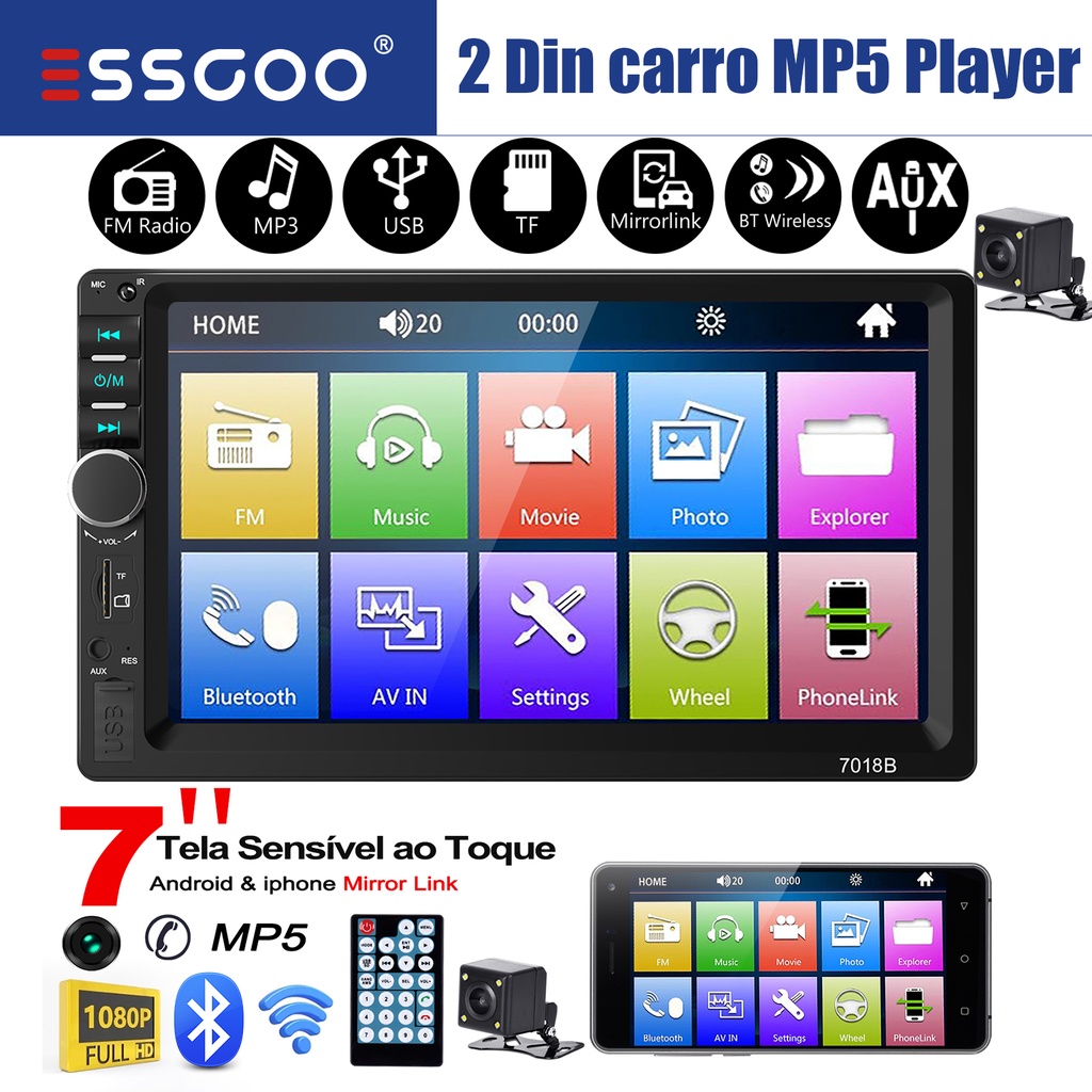 ESSGOO 7 Polegadas DIN duplo Reprodutor De Rádio Bluetooth Mp5-Black-Intercnect- Claro De Fundo Colo