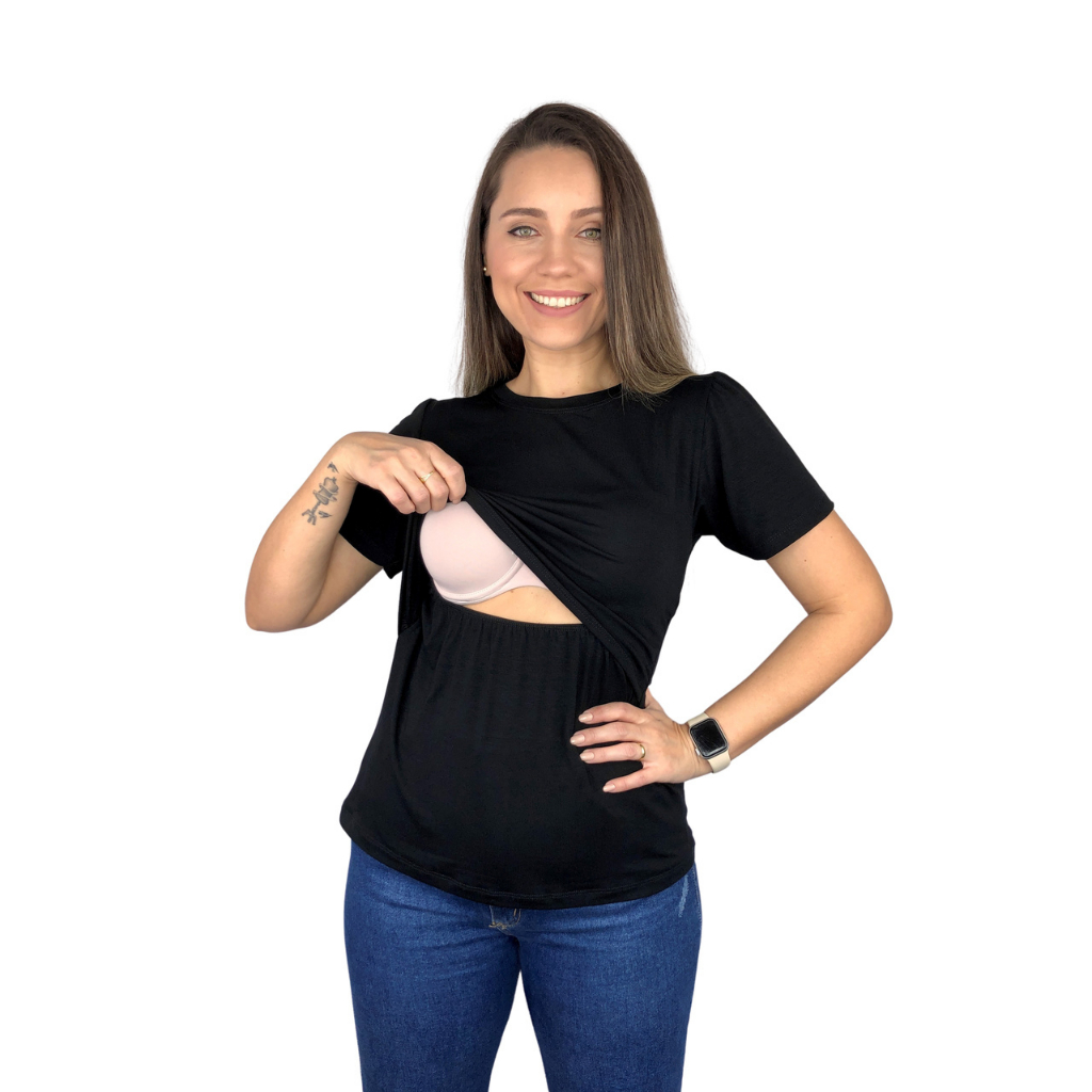 Blusa Amamentação Cores Premium Camiseta Manga Curta T-shirt Gestante Grávida Maternidade Amamentar