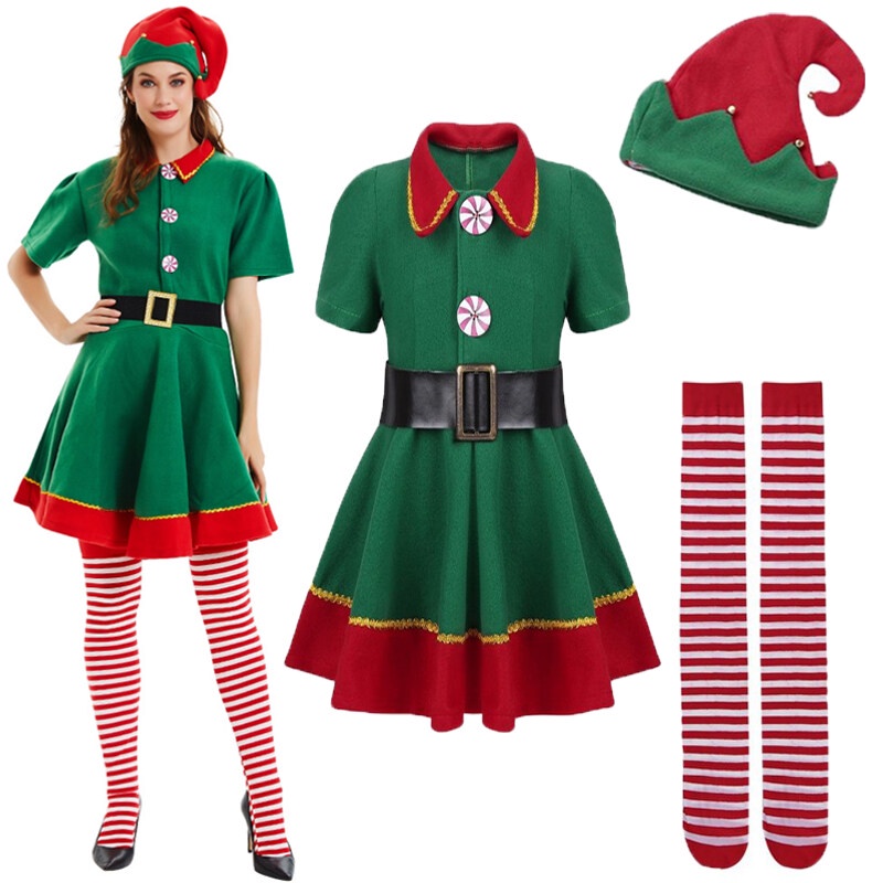 Mulheres Meninas Papai Noel Verde Traje Vestidos Roupa Uniforme De Natal Vestido Com Chapéu Meia Nov