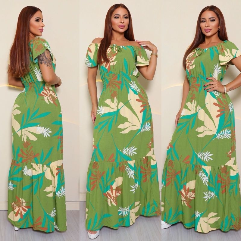 Vestido Feminino Longo Com Manga Ciganinha De Viscolinho Com Lastex Na Cintura