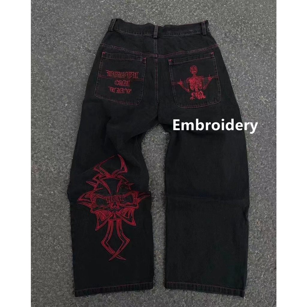 Y2K Jeans Homem Hip Hop Retro Skull Bordado De Crânio Lavado Calça De Ganga Baggy Nova Perna Larga C