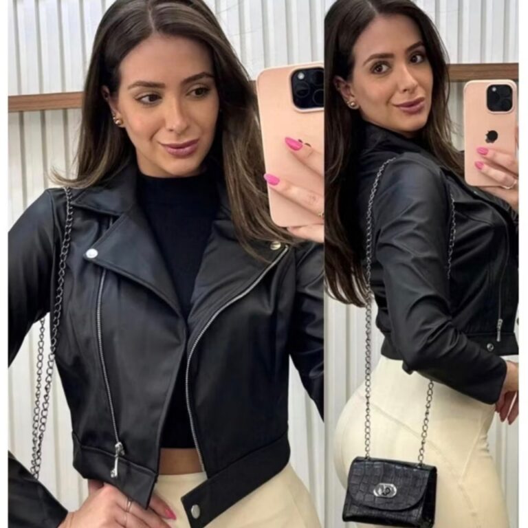 Jaqueta Feminina De Couro Sintético Com Zíper Ja