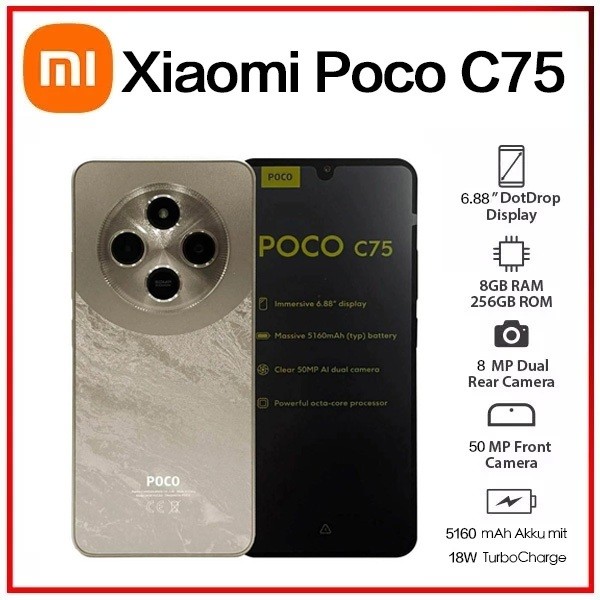 (Novo) Xiaomi Poco C75 Dourado 8GB+256GB RAM,6GB+1