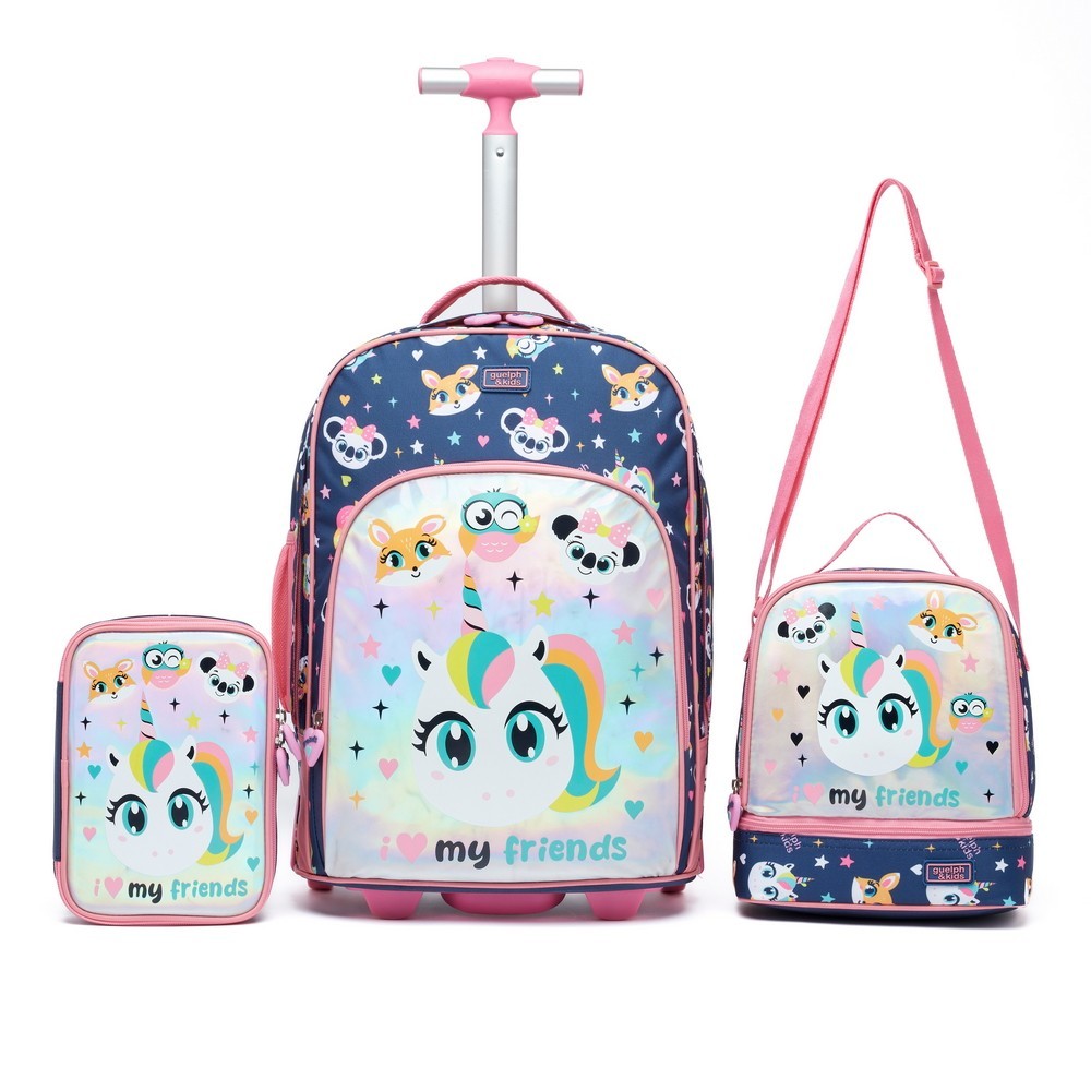 Kit Mochila Rodinha Escolar Guelph Lancheira Estojo Bolsa Espaçosa Resistente Menina