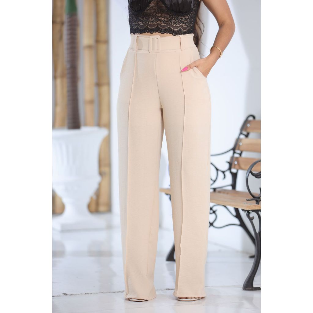 Calça Pantalona Feminina Alfaiataria Duna Plus Size  Cintura Alta Com Bolso Social  Wide Leg